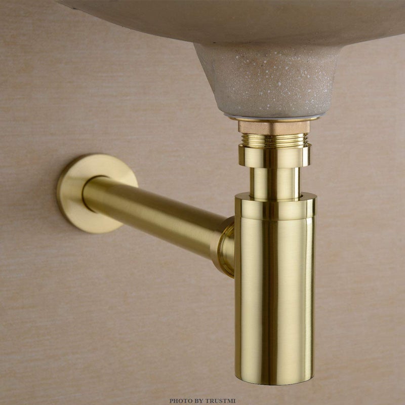TRUSTMI Bottle Trap, Brass Decorative 1 1/4 Bathroom Sink P Trap, Large Body Round Lavatory Waste Drain Kit, Brushed Gold - Image 2